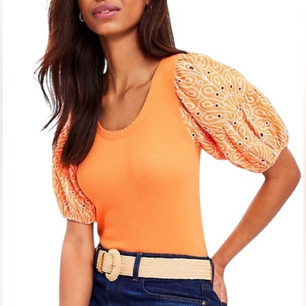 ❤️ 🆕 LOFT mixed media Embodied Eyelet Blouse Size Small